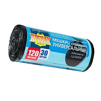 Мешки для мусора 120 л, с ушками, черные, в рулоне 30 шт., ПНД, 15 мкм, 1100х700 мм, Крепак, 4607075710375 в Новомосковске